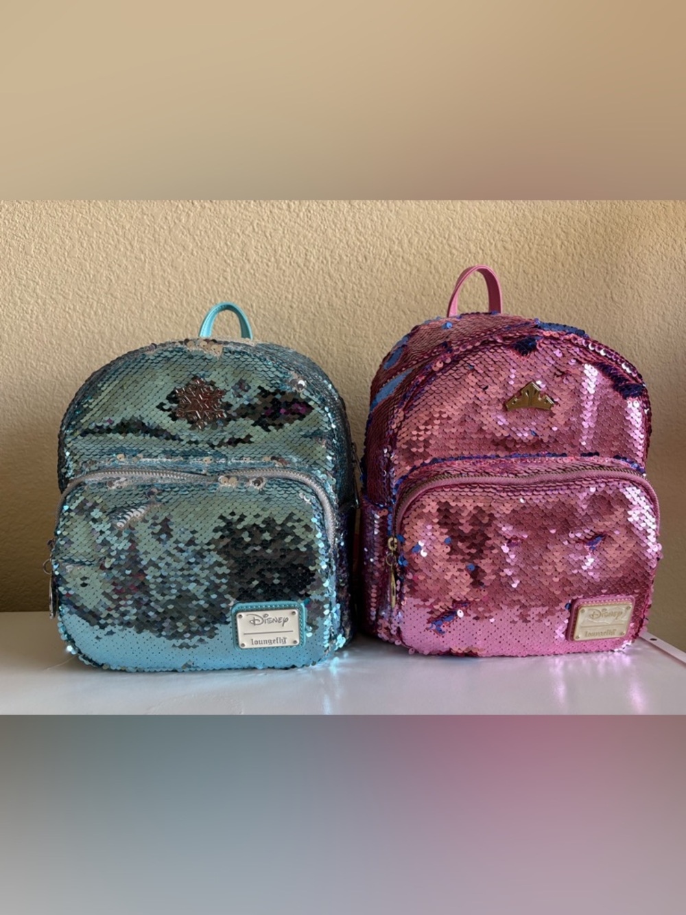 Loungefly Sequin Mini Backpacks - Aqua Teal & Pink (Frozen and Aurora bundle!)